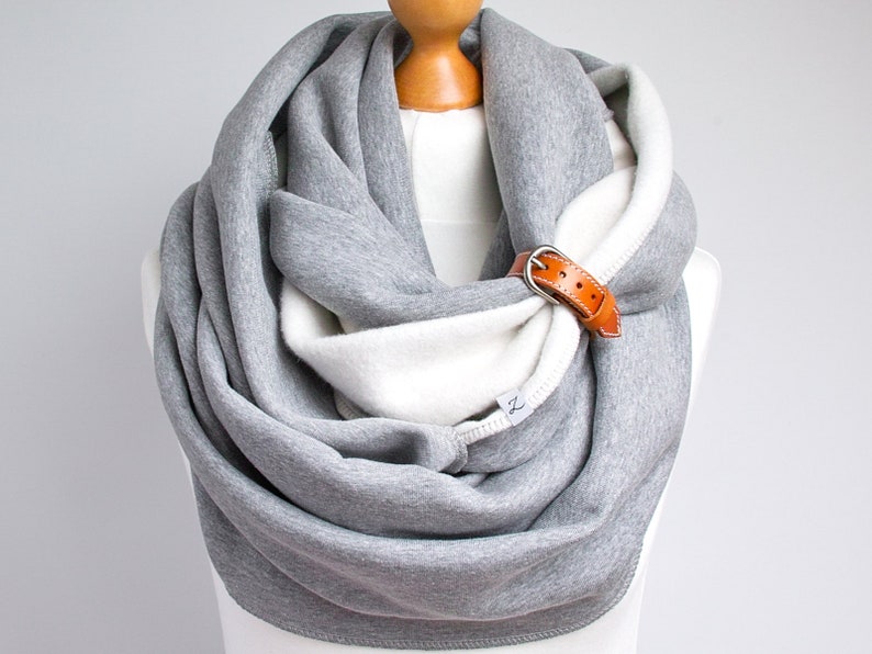 Winter infinity scarf with leather strap, cotton infinity scarf, women scarf knitted sweatshirt jersey scarf, infinity scarf, chunky scarf image 3