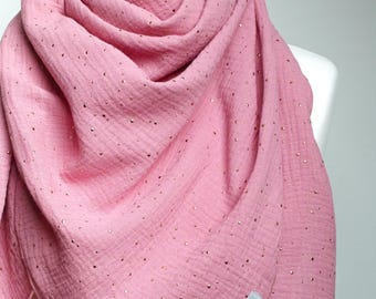 Pink Cotton Muslin Triangle Scarf, Lightweight Shawl Wrap