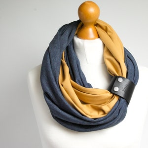 Navy blue and honey infinity women scarf, circle scarf ZOLLA, cotton scarf, autumn accessories, fashion scarf with leather strap, image 2