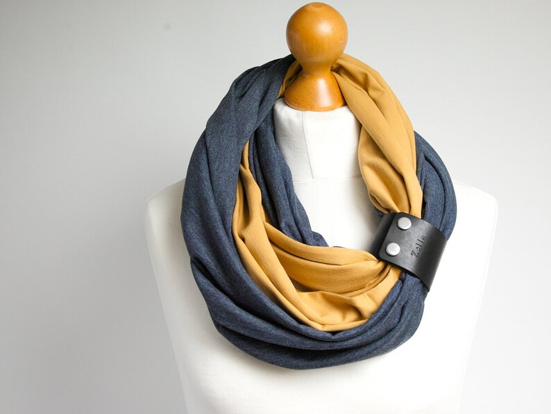 Navy blue and honey infinity women scarf, circle scarf ZOLLA, cotton scarf, autumn accessories, fashion scarf with leather strap, image 2
