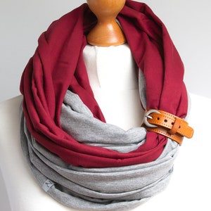 Scarf with leather cuff, cotton scarf, burgundy scarf for women, scarves & wraps, cotton fashion scarf for women, gift for her image 1