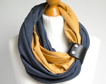 Navy blue and honey infinity women scarf, circle scarf ZOLLA, cotton scarf, autumn accessories, fashion scarf with leather strap,