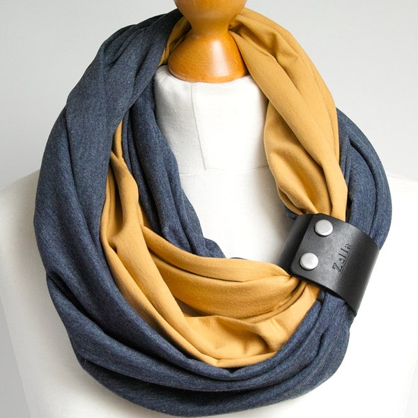 Navy blue and honey infinity women scarf, circle scarf ZOLLA, cotton scarf, autumn accessories, fashion scarf with leather strap,