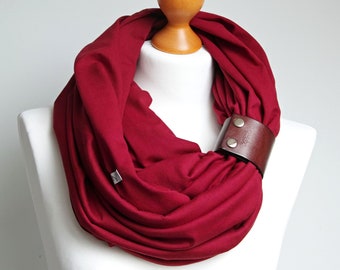 BURGUNDY cotton infinity scarf with leather cuff for women - cotton scarf - autumn accessories, travel scarf for women, gift for best friend