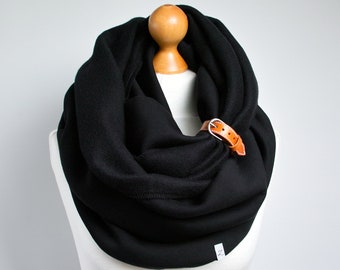 BLACK CHUNKY  infinity scarf with leather cuff, black cotton jersey scarf, infinity scarf, circel scarves, scarves and shawls, gift for her