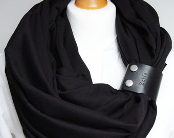 AUTUMN infinity scarf with leather cuff for women - BLACK cotton scarf - spring autumn accessories, travel scarf for women, gift for her