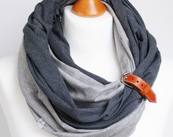 Cotton infinity scarf with leather cuff handmade by Zolla, infinity scarves for women, cotton scarves, autumn scarf, fashion scarf, gift