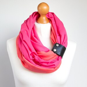 Cotton PINK / CORALinfinity scarf with leather cuff band stylish scarf for women medium cotton scarf with leather strap-cotton accessories image 5