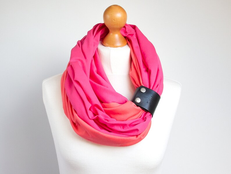 Cotton PINK / CORALinfinity scarf with leather cuff band stylish scarf for women medium cotton scarf with leather strap-cotton accessories image 5