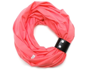 Loop scarf for women with leather cuff, CORAL cotton infinity scarf women , scarf with leather strap, spring accessories