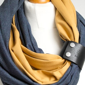 Navy blue and honey infinity women scarf, circle scarf ZOLLA, cotton scarf, autumn accessories, fashion scarf with leather strap, image 4