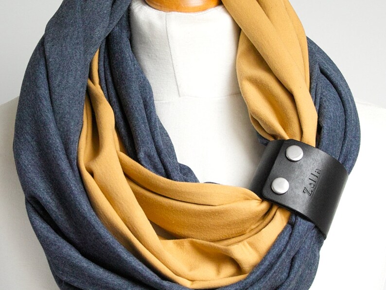 Navy blue and honey infinity women scarf, circle scarf ZOLLA, cotton scarf, autumn accessories, fashion scarf with leather strap, image 4