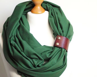 GREEN Tube scarf with leather cuff for women, spring shawl infinity scarf, green infinity tube scarf, cotton scarf for women