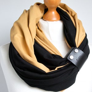 Black scarf with leather cuff, women scarf, fashion scarf, gift for her, mum gift, gift clothing image 1