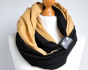 Black scarf with leather cuff, women scarf, fashion scarf, gift for her, mum gift, gift clothing