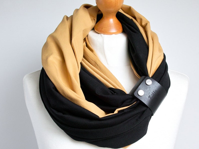 Black scarf with leather cuff, women scarf, fashion scarf, gift for her, mum gift, gift clothing image 1