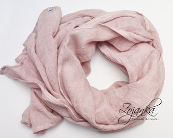 Linen scarf, dusty pink softened linen scarf , natural baltic linen, travel wrap linen, women linen soft scarf