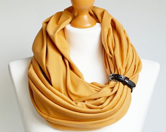 JERSEY infinity scarf with leather cuff for women - honey yellow cotton scarf - cotton accessories, scarf for women, gift for her