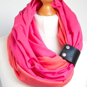 Cotton PINK / CORALinfinity scarf with leather cuff band stylish scarf for women medium cotton scarf with leather strap-cotton accessories image 1