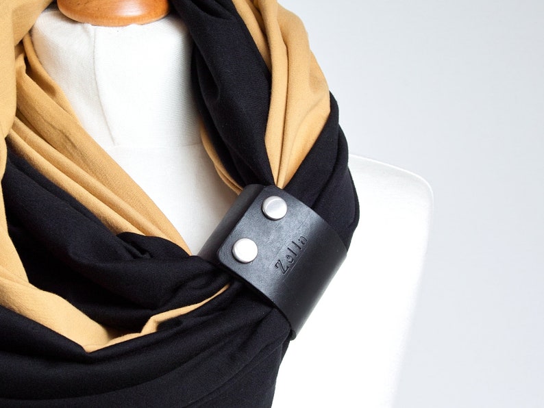 Black scarf with leather cuff, women scarf, fashion scarf, gift for her, mum gift, gift clothing image 4