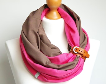 COTTON tube scarf with leather cuff, cotton infinity scarf with leather strap, spring accessories beige scarf for women, gift for her