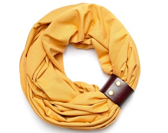 Cotton infinity scarf with leather cuff for women - honey yellow cotton scarf - cotton accessories, scarf for women, gift for her