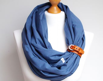 Tube scarf with leather cuff, infinity scarf for women, cotton blue inifinity scarf, simple scarf, fashion scarf with leather strap