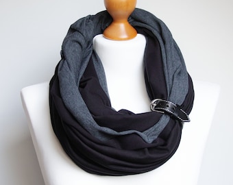 Infinity women scarf, circle scarf ZOLLA, cotton scarf, autumn accessories, fashion scarf with leather strap, black and dark gray scarf