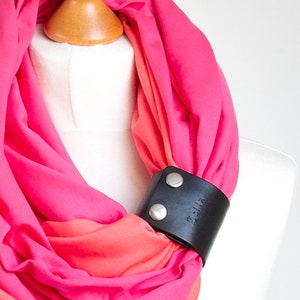 Cotton PINK / CORALinfinity scarf with leather cuff band stylish scarf for women medium cotton scarf with leather strap-cotton accessories image 6