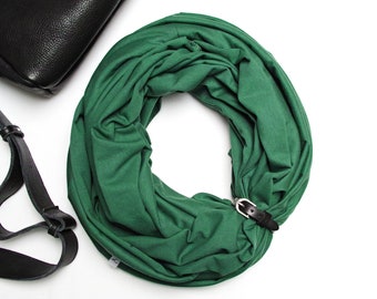 GREEN cotton infinity scarf with leather cuff for women - cotton scarf - ecofriendly scarf, travel scarf for women, gift for best friend