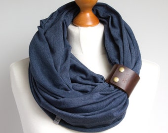 Cotton infinity scarf with leather cuff for women - jeans blue cotton scarf - autumn accessories, travel scarf for women, gift for her