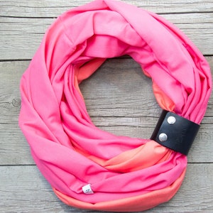Cotton PINK / CORALinfinity scarf with leather cuff band stylish scarf for women medium cotton scarf with leather strap-cotton accessories image 7