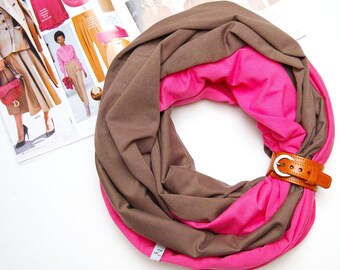 COTTON tube scarf with leather cuff, cotton infinity scarf with leather strap, autumn accessories beige scarf for women, gift for her