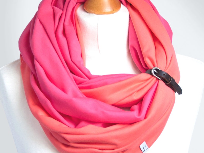 Cotton PINK / CORALinfinity scarf with leather cuff band stylish scarf for women medium cotton scarf with leather strap-cotton accessories image 3