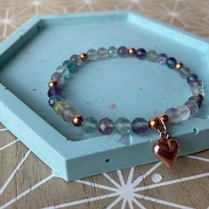 Fluorite Gemstone Bracelet: Rose Gold Heart Charm, Stretchy Stacking Jewelry