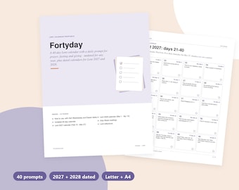 Lent Calendar Printable 2027 and 2028, 40 Day Lent Prompts for Prayer Fasting and Giving, Holy Week Readings, Easter Countdown