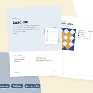 Op de afbeelding: Een bundel met glas-in-loodpatronen genaamd Leadline met vier ontwerpen: Diamond Lattice, Sunrise, Pinwheel en Prairie Window. Het document bevat genummerde snijlijnen op ware grootte, kleurcodes, aantallen onderdelen en instructies op 15 pagina's, beschikbaar in Letter- en A4-formaat.