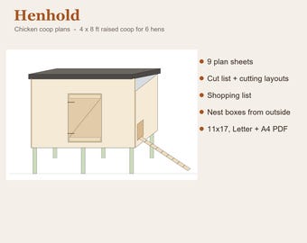 Chicken Coop Plans, 4x8 Raised Coop for 6 Hens, DIY Build Plans PDF, Cut List, Cutting Layouts, Shopping List, Nest Boxes, Hen House