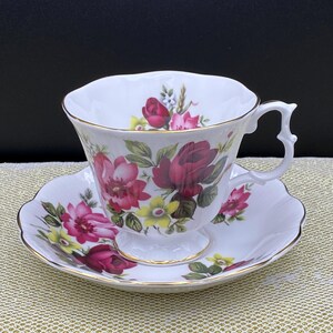 Royal Albert Red and Pink Roses Fluted Tea Cup and Saucer Vintage Gainsborough