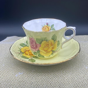 Vintage Yellow with Floral Details -  Bone China Teacup and Saucer - Royal Grafton