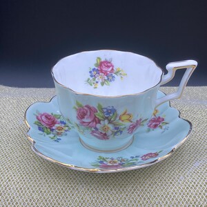 Vintage Engels boeket aqua - porseleinen theekop en schotel - Salisbury