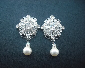 Claire, Bridal Earrings, Rhinestone Crystal And Pearl Drop Earrings, Art Deco Vintage Style Bridal Earrings, Weddng Jewelry