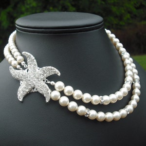 Bridal necklace, bridesmaid necklace, STARFISH Version 3, Beach Theme, Bridal Necklace, Rhinestone and Pearl Necklace, Wedding Jewelry