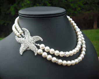 Bridal necklace, bridesmaid necklace, STARFISH Version 3, Beach Theme, Bridal Necklace, Rhinestone and Pearl Necklace, Wedding Jewelry