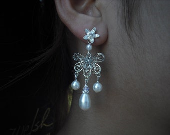 Molly, Bridal Earrings, Long Rhinestone Crystal and Pearl Earrings, Art Deco Vintage Style Bridal Earrings, Weddng Jewelry