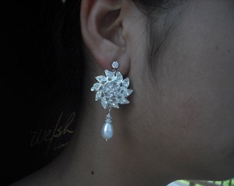 Savannah, Long Bridal Earrings, Art Deco Rhinestone flower Crystal earrings, Vintage Style Bridal Earrings, Weddng Jewelry
