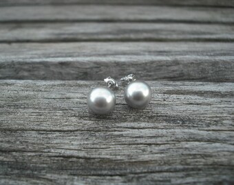 Bridesmaids Gift, Swarovski Light Gray Pearl Post Earrings - sterling silver post