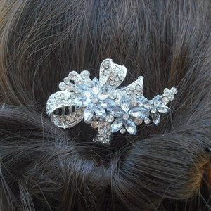 Leah, Bow with Flowers Rhinestone Hair Comb, Art Deco Bridal Hair Comb, Vintage Style Hair Accessories, Wedding Hair Comb