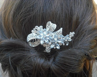 Leah, Bow with Flowers Rhinestone Hair Comb, Art Deco Bridal Hair Comb, Vintage Style Hair Accessories, Wedding Hair Comb