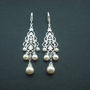 Rhinestone Pearl filigree earrings,  Bridal Earrings, Bridal Jewelry, Weddng Jewelry